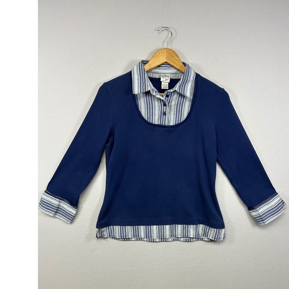 Preppy Dark Academia Studio V Womens Size M Navy Blue Layered Striped 2-in-1 Top